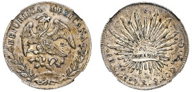 Mexico, Federal Republic, 1823-1905. 8 Reales, 1894 Go RS, Guanajuato mint (KM877.8).

Medium grey tone with strong details remaining.

Graded AU Deta...