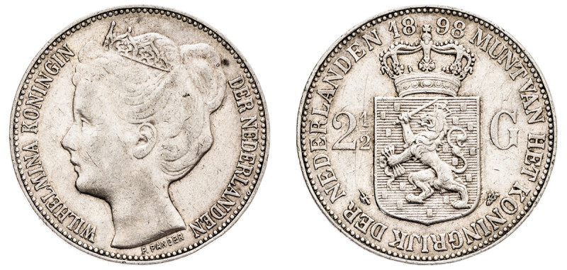 Netherlands, Wilhelmina, 1890-1948. 2 1/2 Gulden, 1898, Utrecht mint, P. PANDER ...