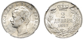Serbia, Alexander I, 1889-1903. 2 Dinara, 1897 (KM22).

An imposing example displaying cartwheel lustre and sharp details.

Graded MS62 NGC.