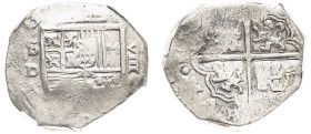 Spain, Philip III or Philip IV, 1598-1621 or 1621-1665. Cob 8 Reales, (1598-1665) S D, Seville mint, 27.52g (KM37.3 or 39.6 respectively).

Steel-grey...