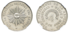 Uruguay, Oriental Republic, 1825-. Copper-Nickel Pattern 4 Centesimos, ND (1904), (KM-Pn38, [R]).

A very low mintage type with alluring obverse desig...