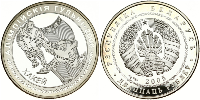 Belarus. 20 Roubles 2005, 2006 Olympics - Ice Hockey. Silver .925, 28.30 g. KM 1...