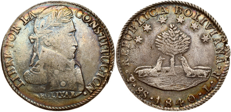 Bolivia. 8 Soles 1840 PTS LR. Silver 26.86 g. KM 97. Nice color toning.