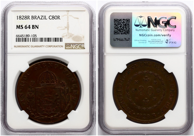 Brazil. Peter I (1822-1831). 80 Reis 1828 R. Copper. KM 366. NGC MS 64 BN. Only ...