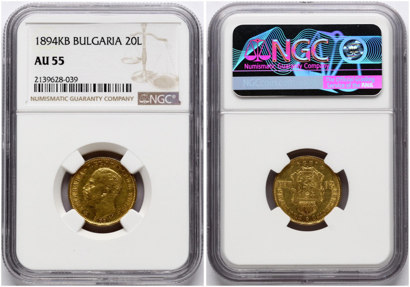 Bulgaria. Ferdinand I (1887-1918). 20 Leva 1894 КБ. Gold. KM 20. NGC AU 55.