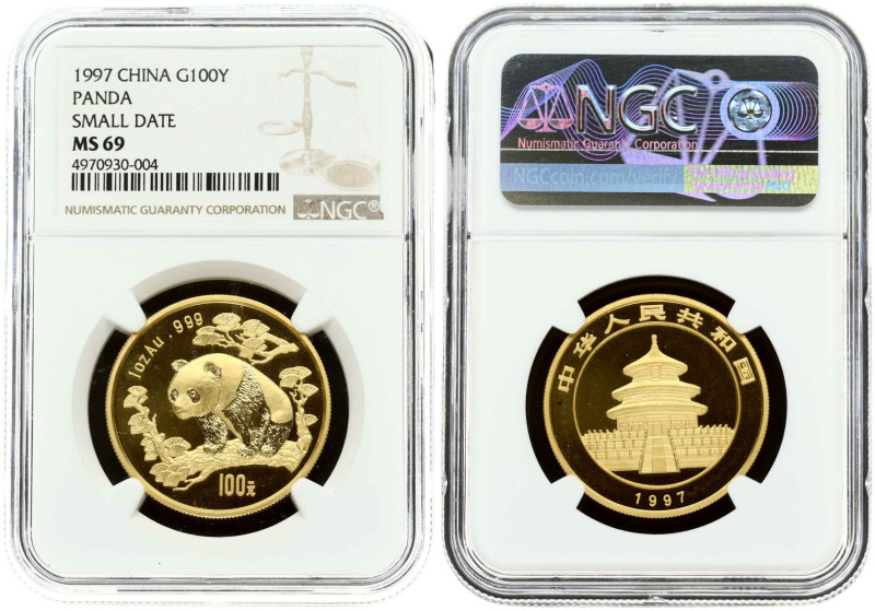 China. 100 Yuan 1997 Panda Small date. Gold 0.999, 31.10 g. Fr. B4; KM 991. NGC ...