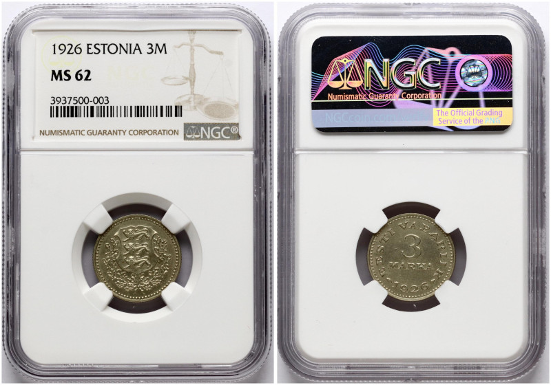 Estonia. 3 Marka 1926. Nickel brass. Kaupo Laan 7, KM 6. NGC MS 62.