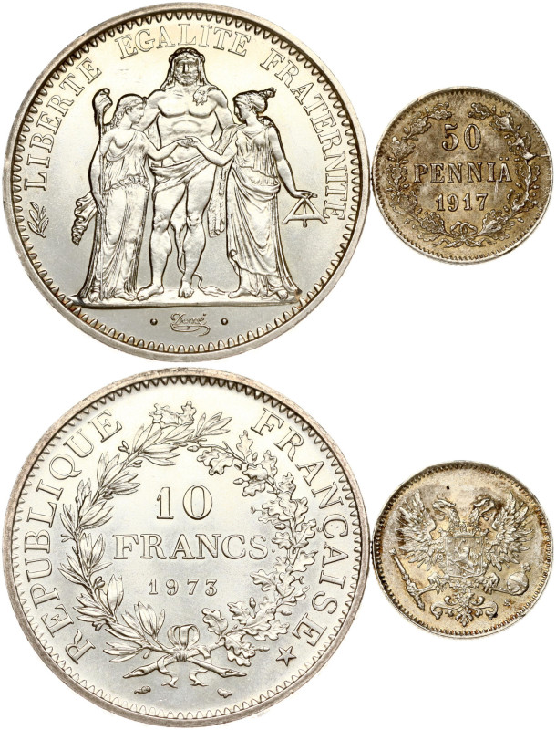 France. 10 Francs 1973 & Finland 25 Pennia 1917 S. Silver, total weight, 27.46 g...