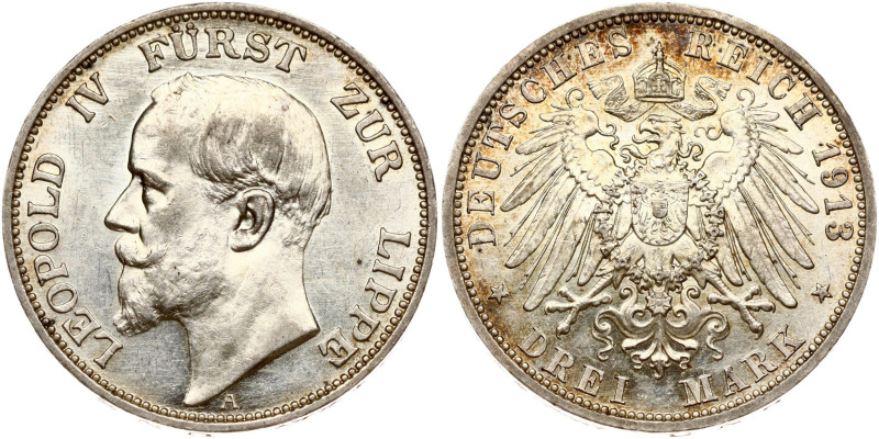 Germany, Lippe-Detmold. Leopold IV (1905-1918). 3 Mark 1913 A. Silver 16.63 g. K...