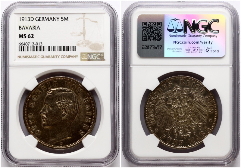 Germany, Bavaria. Otto (1886-1913). 5 Mark 1913 D. Silver. KM 915, Dav 618. NGC ...