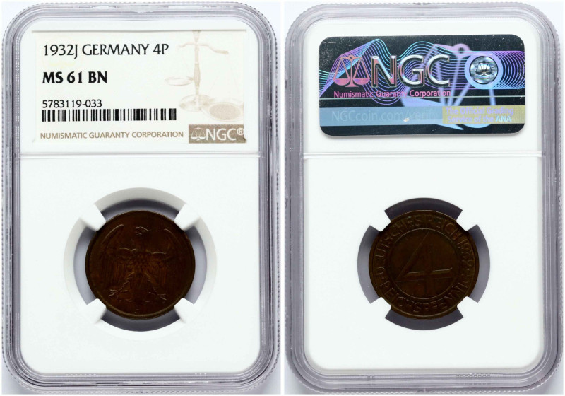 Germany, Weimar Republic. 4 Reichspfennig 1932 J. Bronze. KM-75. NGC MS 61 BN