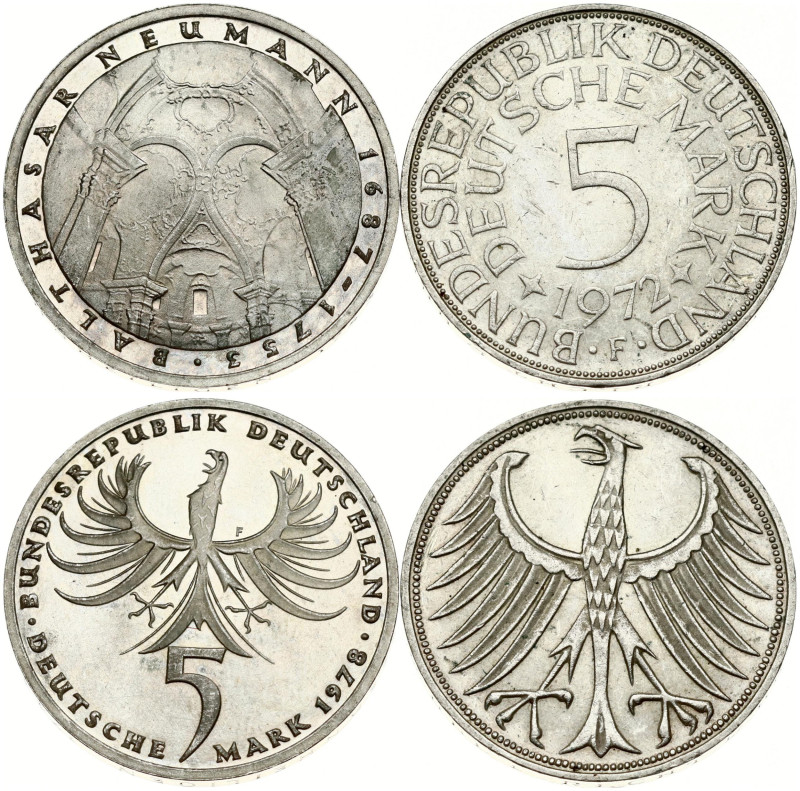 Germany Federal Republic 5 Mark 1972 F & 1978 F. Emblem of Germany. 225th Annive...