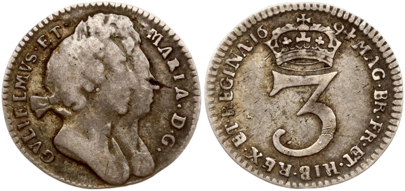 Great Britain. William III and Mary II (1689-1694). 3 Pence 1694. Silver 1.45 g....