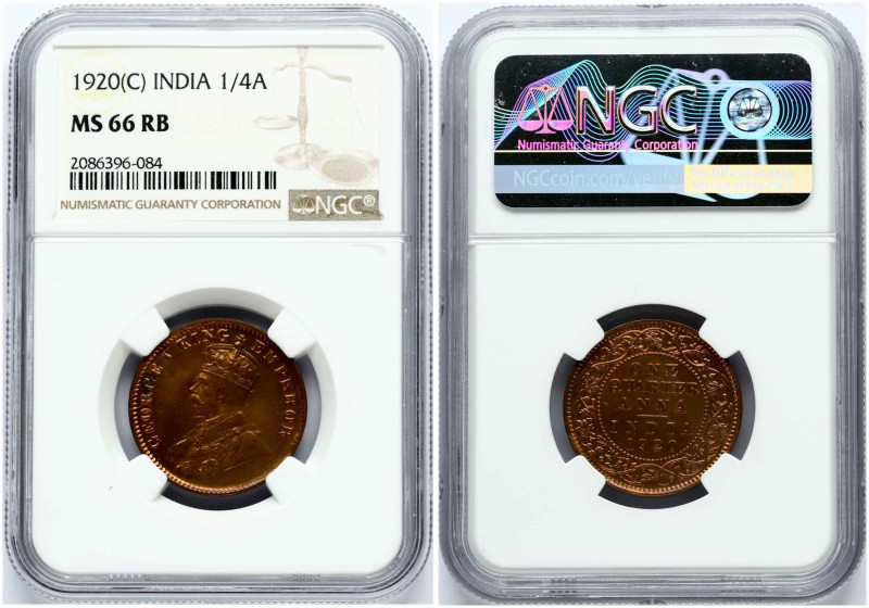 British India. George V (1910-1936). 1/4 Anna 1920 C. Copper. KM-512. NGC MS 66 ...