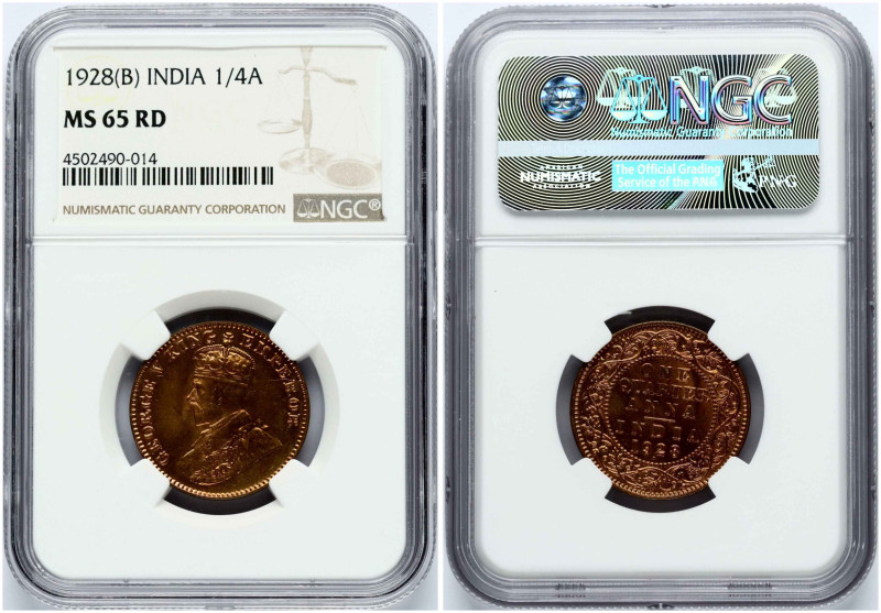 British India. George V (1910-1936). 1/4 Anna 1928 B. Copper. KM-512. NGC MS 65 ...