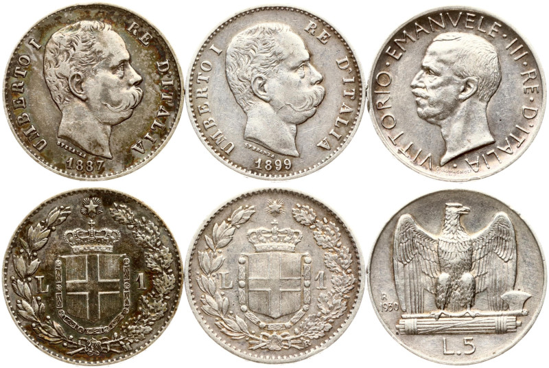 Italy. 1 & 5 Lire 1887-1930. Silver, total weight 14.91 g. KM 24, 67. Lot of 3 c...