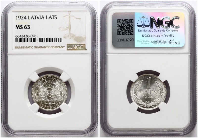 Latvia. 1 Lats 1924. Silver. KM 7. NGC MS 63.