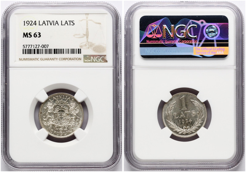 Latvia. 1 Lats 1924. Silver. KM 7. NGC MS 63.