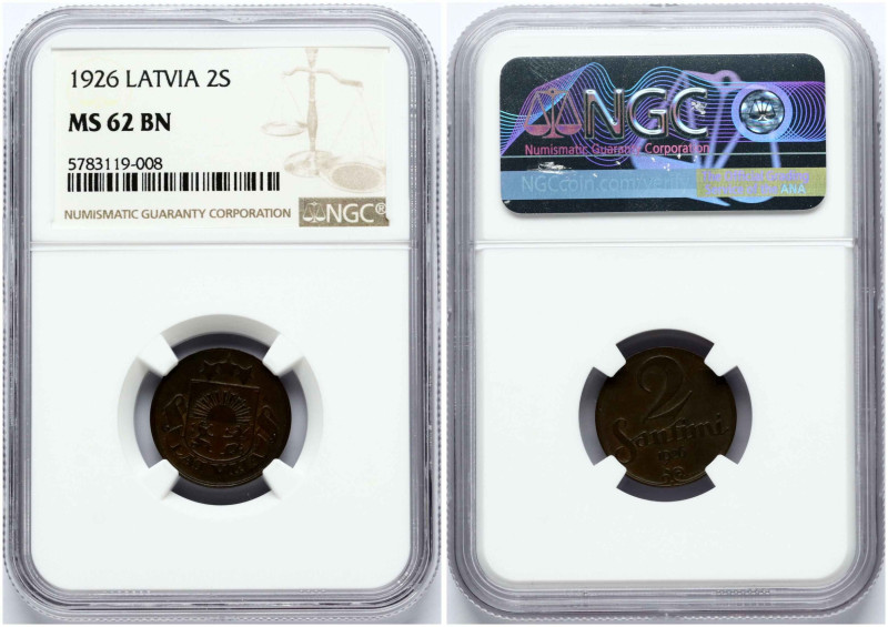 Latvia. 2 Santimi 1926. Bronze. KM 2. NGC MS 62 BN