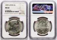 Latvia 5 Lati 1929 NGC MS 62