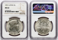 Latvia 5 Lati 1931 NGC MS 62