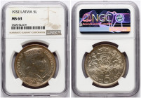 Latvia 5 Lati 1932 NGC MS 63