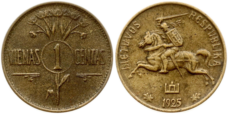 Lithuania. 1 Centas 1925. Aluminum-bronze 1.62 g. KM 71.