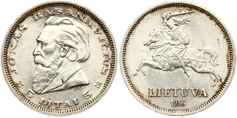 Lithuania. 5 Litai 1936 Jonas Basanavicius. Silver 8.96 g. KM 82. Small scratche...