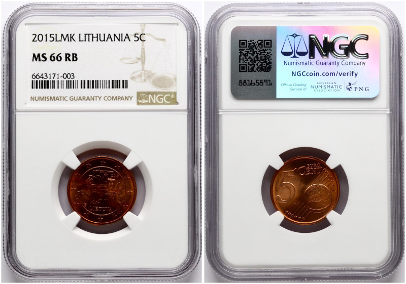 Lithuania. 5 Euro Cent 2015. Copper plated steel. KM 207. NGC MS 66 RB. TOP POP.