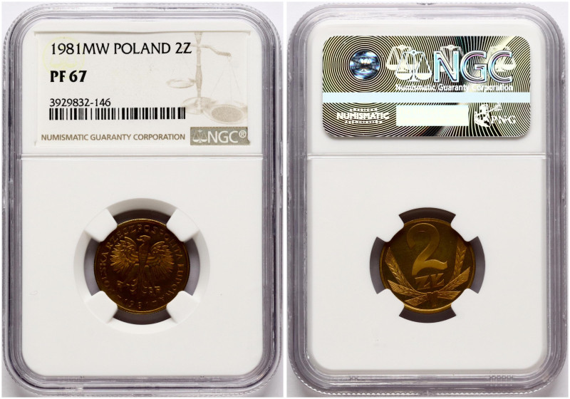 Poland. 2 Zlote 1981 MW. Brass. Y 80.1. NGC PF 67. TOP POP.