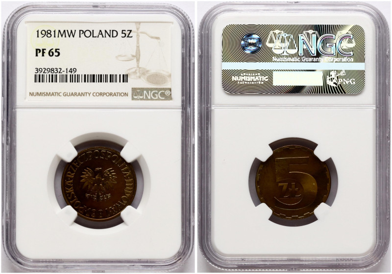 Poland. 5 Zlotych 1981 MW. Brass. Y 81.1. NGC PF 65.