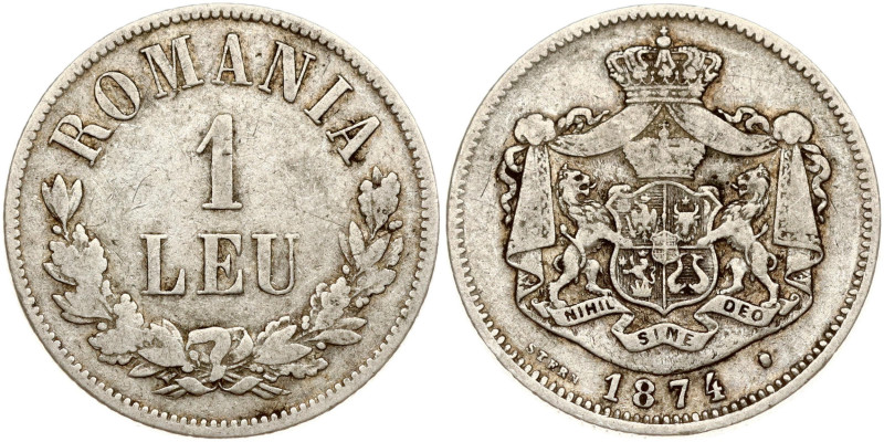 Romania. Carol I (1866-1881). 1 Leu 1874. Silver 4.87 g. KM 10.