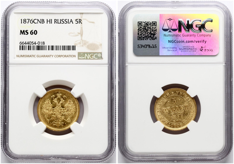 Russia. Alexander II (1855-1881). 5 Roubles 1876 СПБ-НІ, St. Petersburg. Gold. B...