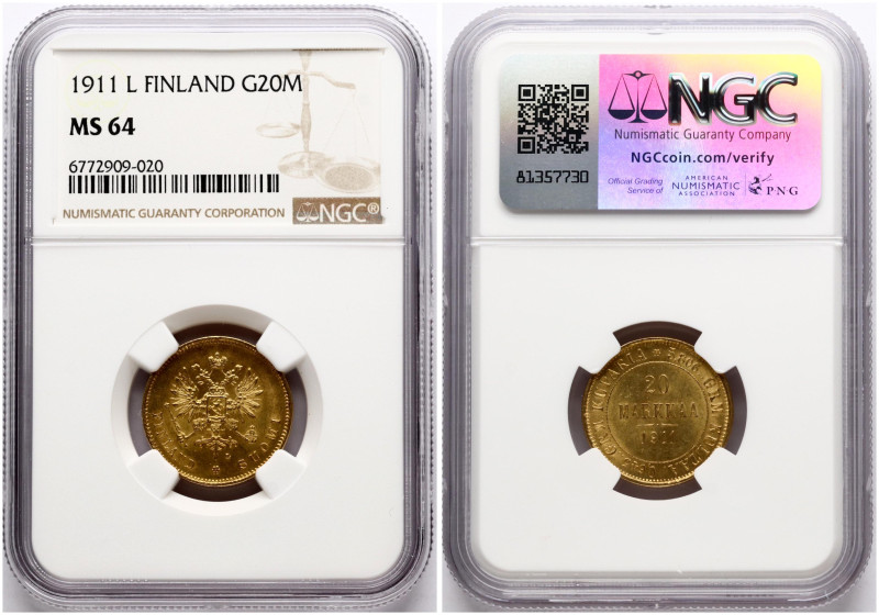 Russia For Finland. Nicholas II (1894-1917). 20 Markkaa 1911 L, Gold. Bitkin 388...