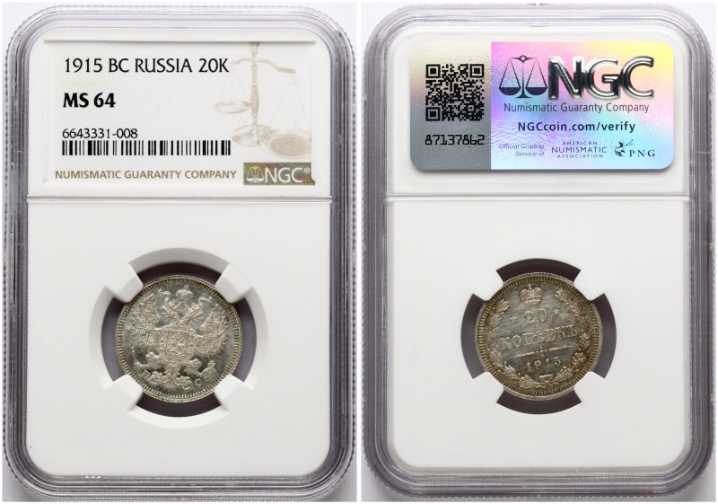 Russia. Nicholas II (1894-1917). 20 Kopecks 1915 ВС, Silver. Bitkin 117. NGC MS ...