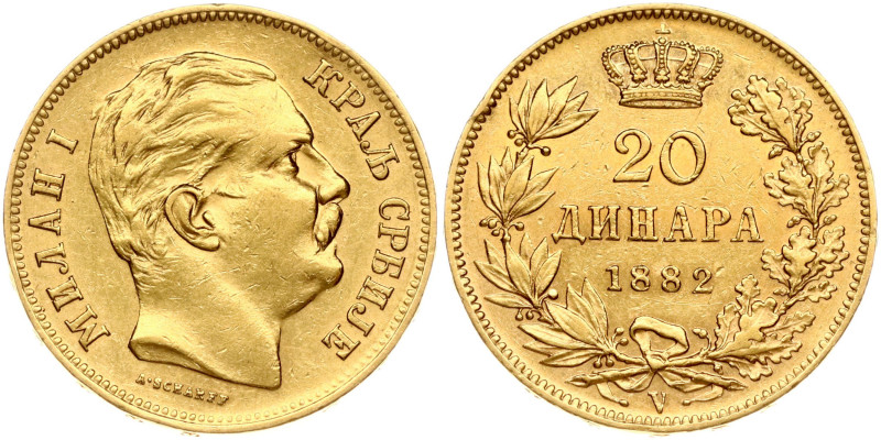 Serbia. Milan I (1882-1889). 20 Dinara 1882 V. Gold 6.43 g. KM 17.