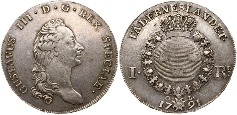 Sweden. Gustav III (1771-1792). 1 Riksdaler 1791 OL. Silver 28,90 g. Dav. 1736; ...