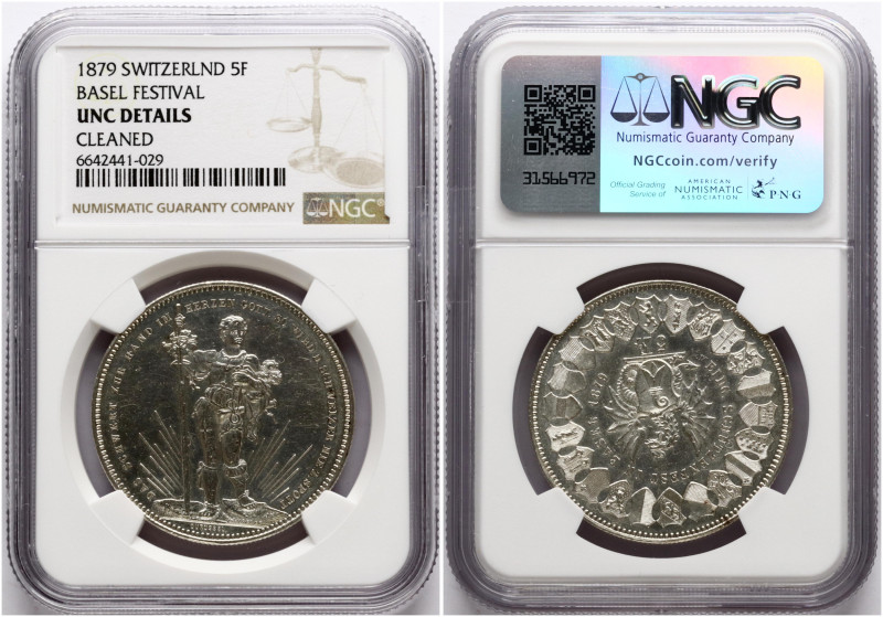 Switzerland. 5 Francs 1879, Basel Shooting Festival. Silver. Dav 388, X S14. NGC...