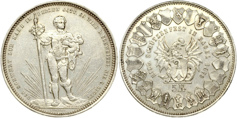 Switzerland. 5 Francs 1879, Basel Shooting Festival. Silver 24.92 g. Dav. 388, X...