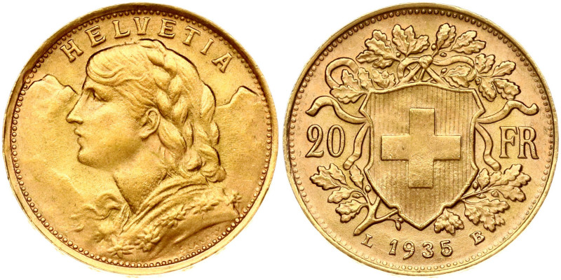 Switzerland. 20 Francs 1935 LB. Gold .900, 6.45 g. Fr. 499; KM-35.1, Fr-499, Y-4...