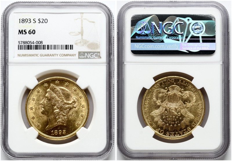 USA. 20 Dollars 1893 S, San Francisco. Gold .900, 33.43 g. Fr. 178; KM-74.3. NGC...