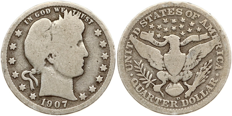 USA. 1/4 Dollar 1907 D, 'Barber Quarter'. Denver. Silver 5.82 g. KM 114.