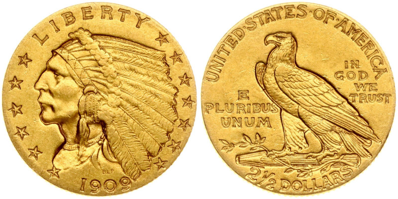 USA. 2½ Dollars 1909, Philadelphia. Indian Head - Quarter Eagle. Gold 4.16 g. KM...