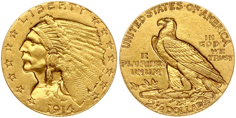 USA. 2½ Dollars 1914, Philadelphia. Indian Head - Quarter Eagle. Gold 4.13 g. KM...