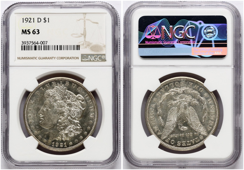 USA. Morgan Dollar 1921 D, Denver. Silver. KM 110. NGC MS 63. Damaged slab edge.