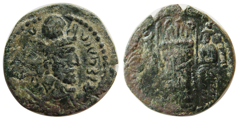 SASANIAN KINGS; Shapur II. 309-379 AD. Æ (2.08 gm; 16 mm). Obverse, Shapur's bus...