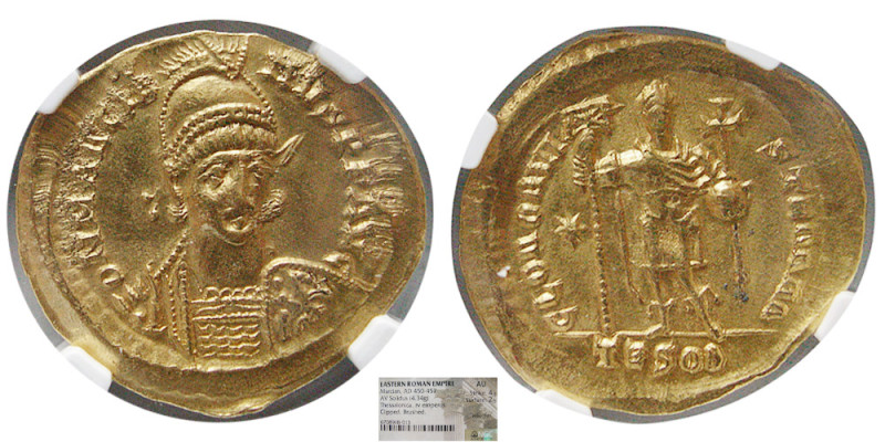 ROMAN EMPIRE; Marcian, 450-457 AD. Gold Solidus (4.34 gm; 23 mm). Thessalonica m...