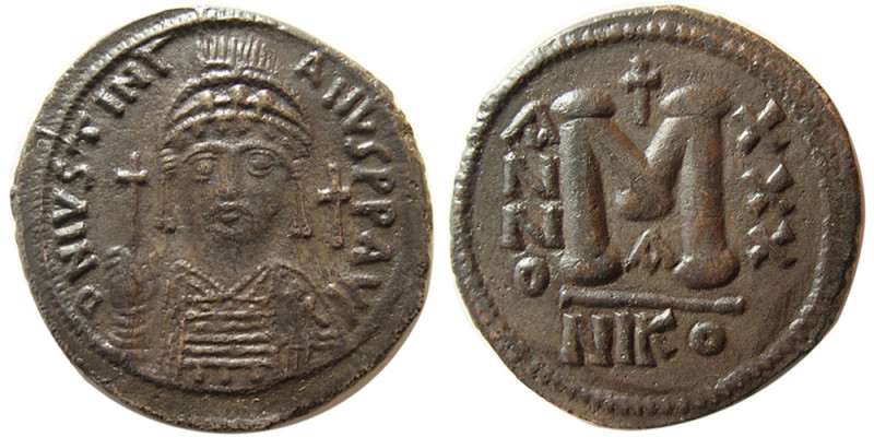 BYZANTINE EMPIRE; Justinian, 527-565 AD. Æ 40 Nummi (17.43 gm; 32 mm). Nicomedia...