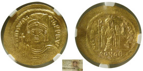 BYZANTINE EMPIRE; Maurice Tiberius. AV Solidus. NGC-AU.