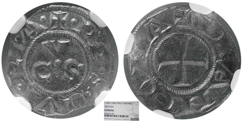 ITALY, Republic. Ancona. 1250-1348 BI Denaro (0.62 gm; 15 mm). + DE ANCONA, ethn...